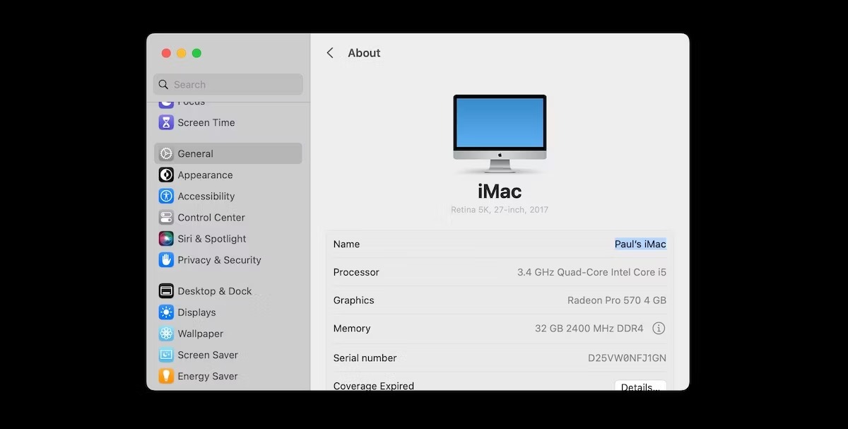 4 نام پیش فرض در مک که می توانید تغییر دهید 3 قسمت نام iMac در بخش عمومی تنظیمات سیستم برجسته شده است.