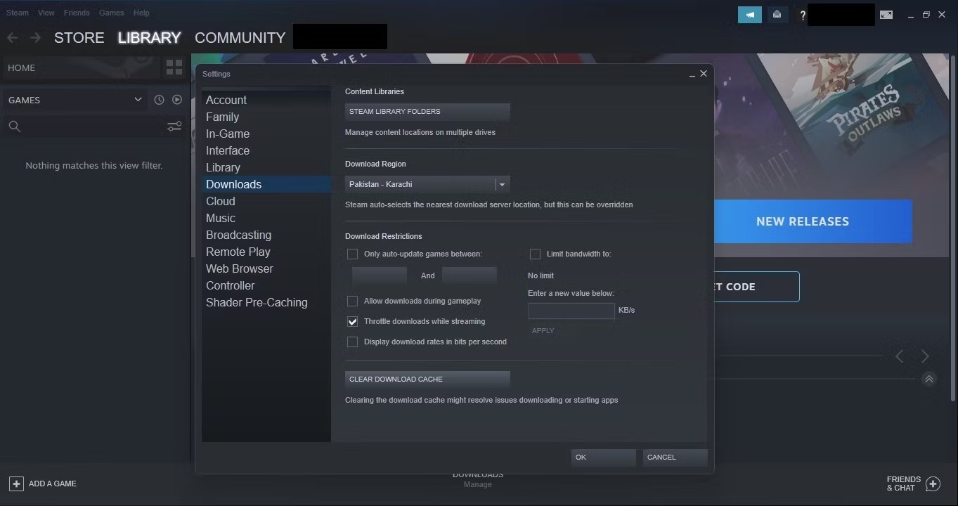 علامت کادر محدود کردن پهنای باند را در برگه دانلودها در تنظیمات Steam بردارید