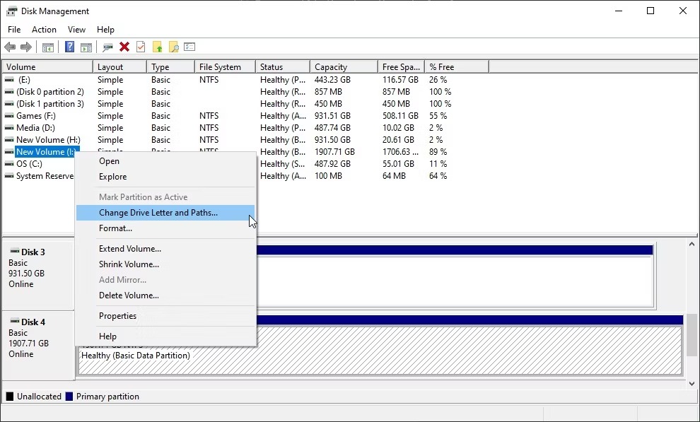 گزینه تغییر مسیر درایو مدیریت دیسک ویندوز