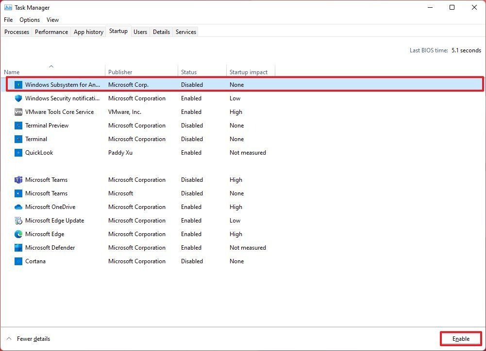 Task Manager برنامه های راه اندازی را فعال می کند