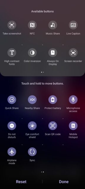 پانل تنظیمات سریع Samsung One UI 5.1 منوی دکمه های موجود