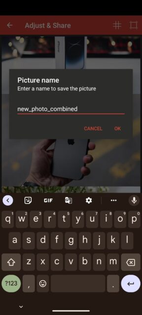 ویرایش نام فایل تصویر برای ذخیره پس از ترکیب تصاویر در برنامه Image Combiner