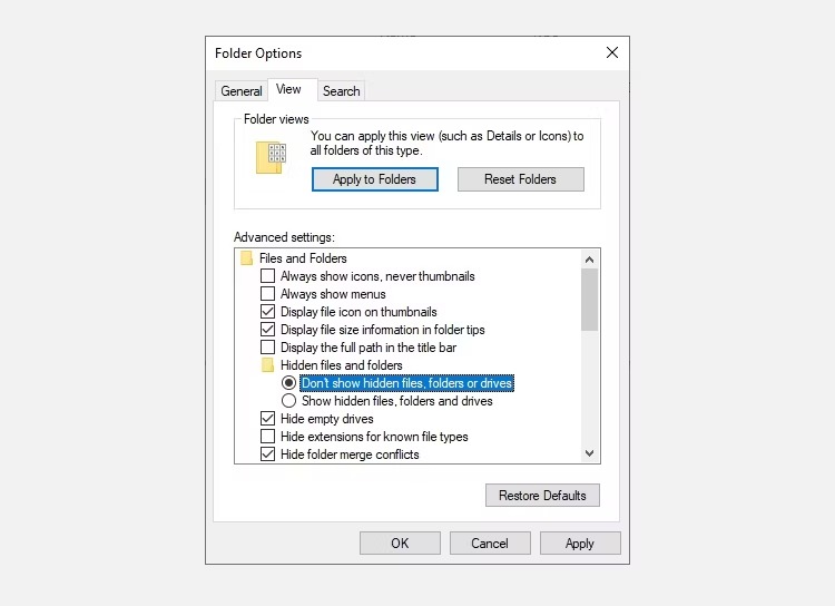 ویندوز 10 گزینه های منو پوشه های فایل های مخفی را نشان نمی دهد