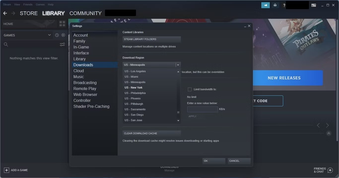 نحوه اصلاح سرعت دانلود پایین Steam در ویندوز 11 4 انتخاب نزدیکترین سرور نزدیک با کلیک بر روی منوی کشویی منطقه دانلود در تب دانلودها در تنظیمات Steam