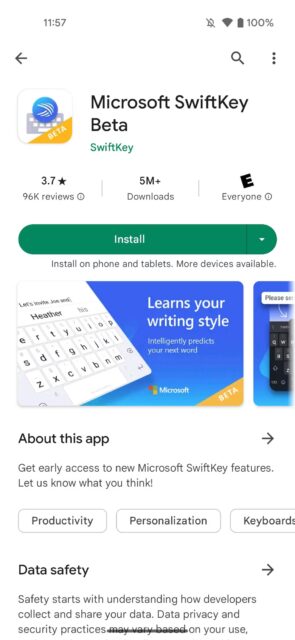 صفحه نصب Microsoft SwiftKey Beta در Google Play
