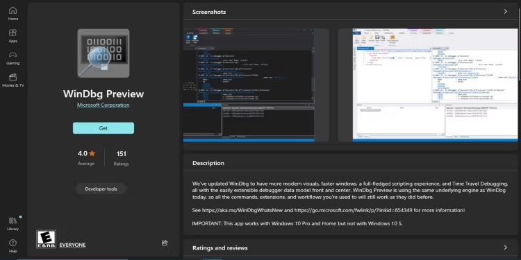 پیش نمایش WinDBG در فروشگاه مایکروسافت