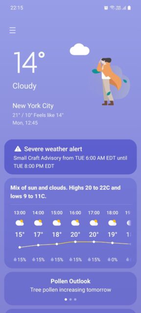نحوه استفاده از برنامه Weather در گوشی سامسونگ 2 داده های آب و هوای شهر نیویورک در برنامه هواشناسی سامسونگ