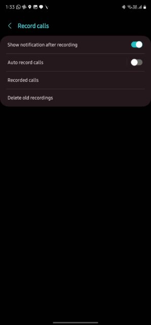 منوی ضبط تماس در برنامه Samsung Galaxy Phone