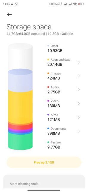 صفحه مرور کلی فضای ذخیره سازی در MIUI