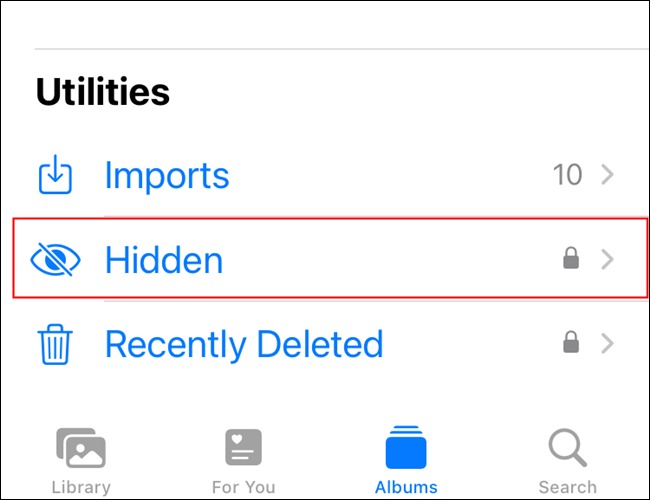 10 قابلیت برنامه Photos آیفون که باید از آن استفاده کنید 3 در قسمت Utilities روی «Hidden» ضربه بزنید