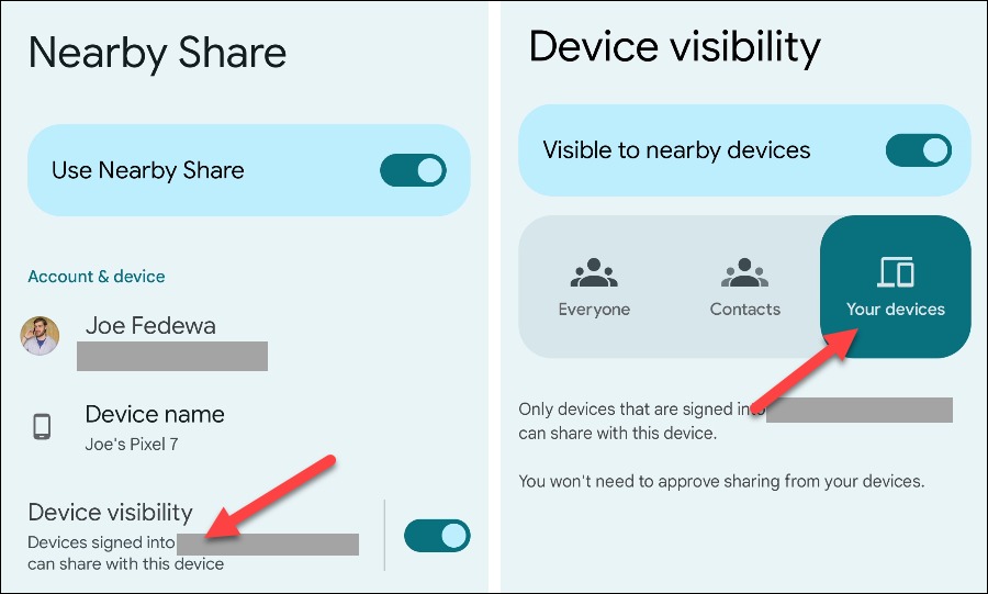 Nearby Share در اندروید و نحوه استفاده از آن 4 به 'Device Visibility' بروید و انتخاب کنید.
