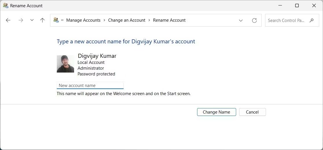 تغییر نام حساب در کنترل پنل