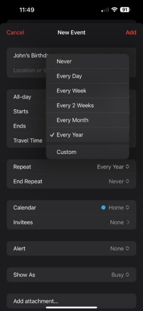 نحوه افزودن رویدادهای سالانه به برنامه Calendar آیفون 2 تنظیمات رویداد را در تقویم تکرار کنید