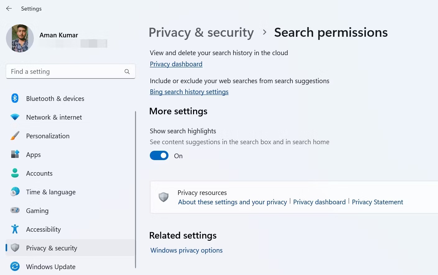 نحوه فعال یا غیر فعال کردن Bing Chat AI در تسک بار ویندوز 11 4 نمایش گزینه های برجسته جستجو در تنظیمات