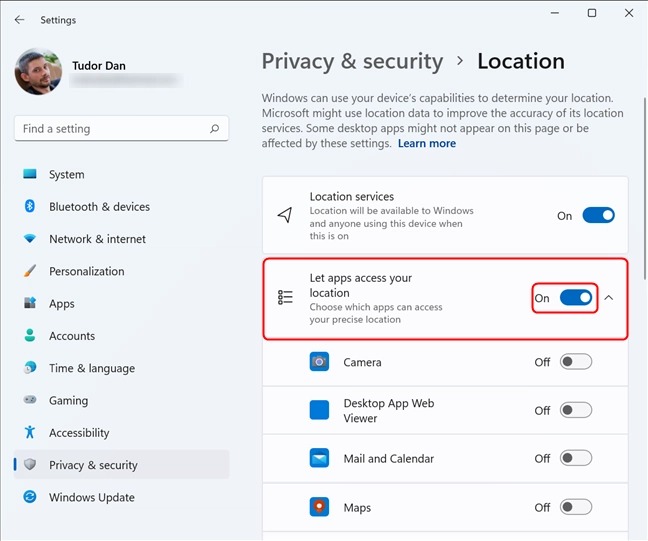 نحوه تنظیم و پیکربندی Location Services در ویندوز 11 4 دسترسی به موقعیت مکانی برنامه ها را با این سوئیچ فعال یا غیرفعال کنید
