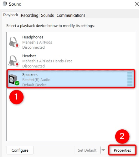 دستگاه صوتی و سپس «Properties» را انتخاب کنید.
