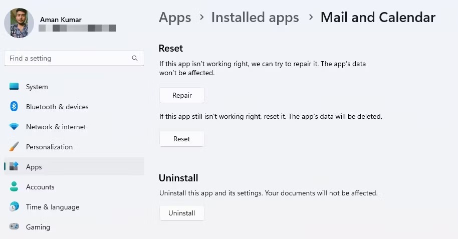 4 راه حل برای ارور Can’t Get Mail در برنامه Mail ویندوز 11 5 گزینه Repair در منوی تنظیمات