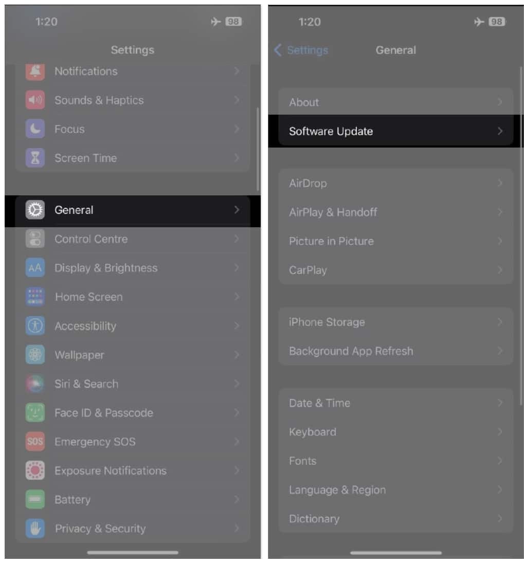7 راه حل مشکل چشمک زدن دوربین آیفون 6 به آخرین نسخه iOS آپدیت کنید، به تنظیمات بروید، به General بروید، روی Software Update ضربه بزنید