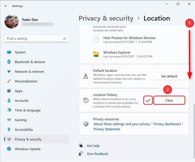 نحوه تنظیم و پیکربندی Location Services در ویندوز 11 8 تاریخچه موقعیت مکانی را با فشار دادن Clear حذف کنید