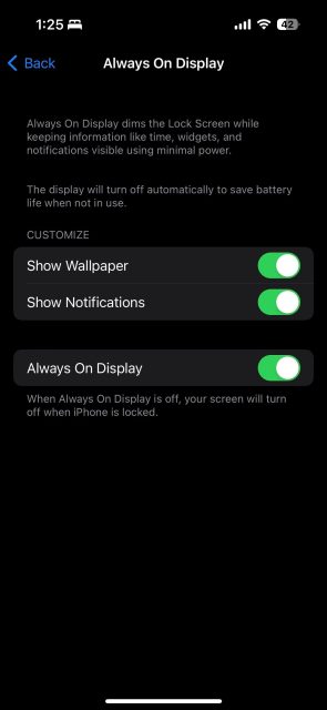 گزینه های Always On Display در برنامه تنظیمات در iOS 16