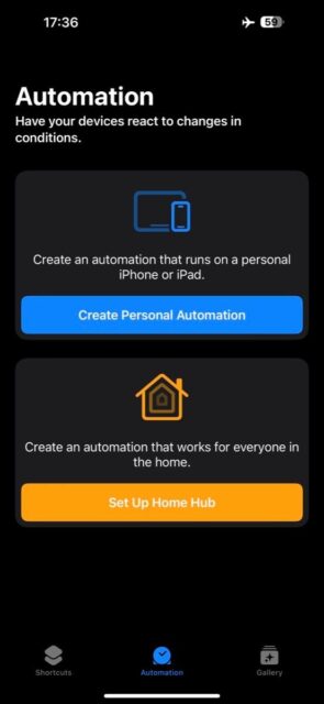 تب اتوماسیون در برنامه Shortcuts