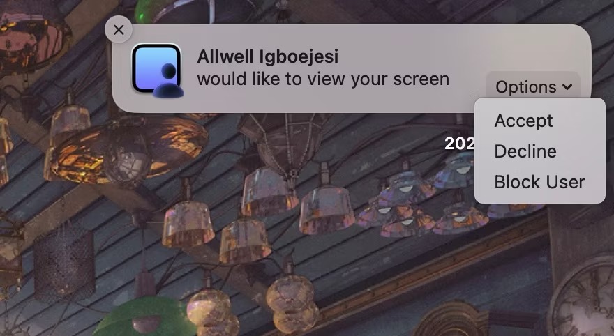 درخواست به اشتراک گذاری صفحه نمایش در macOS را بپذیرید یا رد کنید