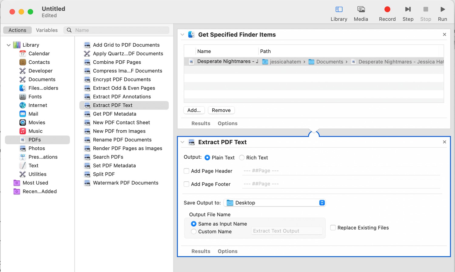 یک گردش کار در Automator برای استخراج متن از PDF تنظیم شده است