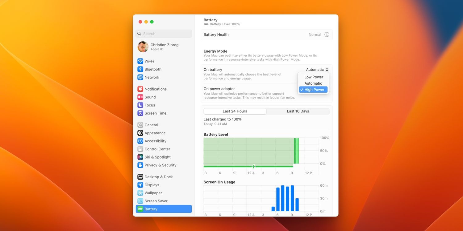 نحوه فعال کردن High Power Mode در مک 2 انتخاب حالت قدرت بالا در تنظیمات باتری در macOS Ventura