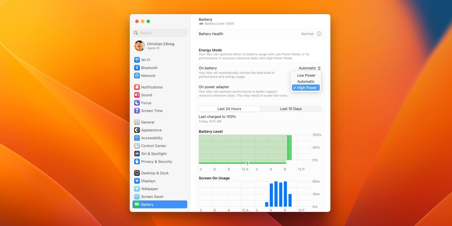 انتخاب حالت قدرت بالا در تنظیمات باتری در macOS Ventura