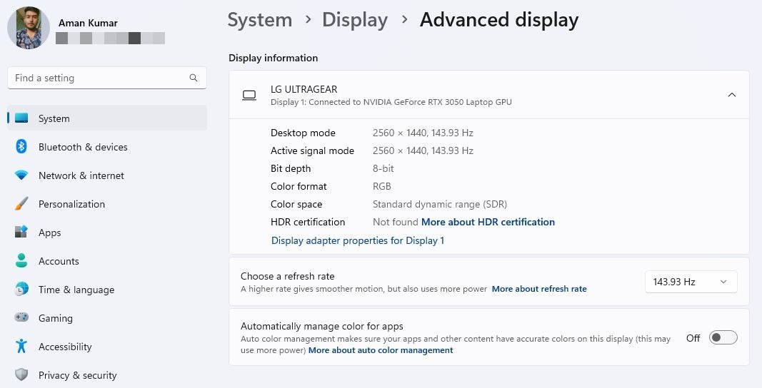 نمایش مشخصات آداپتور برای گزینه Display 1 در تنظیمات