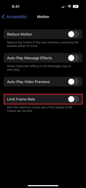 محدودیت نرخ فریم آیفون در تنظیمات