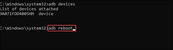 'adb reboot' را اجرا کنید.