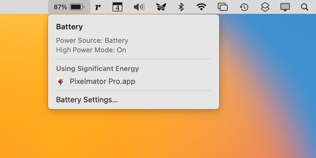 نحوه فعال کردن High Power Mode در مک 3 مورد نوار منوی باتری در macOS Ventura که حالت قدرت بالا را نشان میدهد روشن است