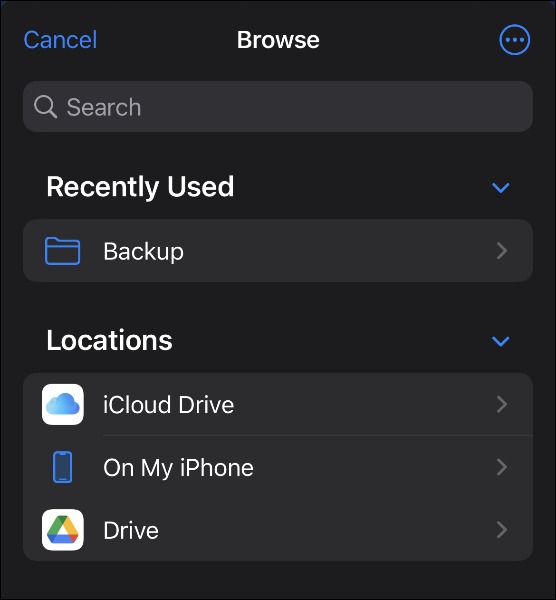 گزینه های مکان ذخیره سازی در برنامه iOS Files