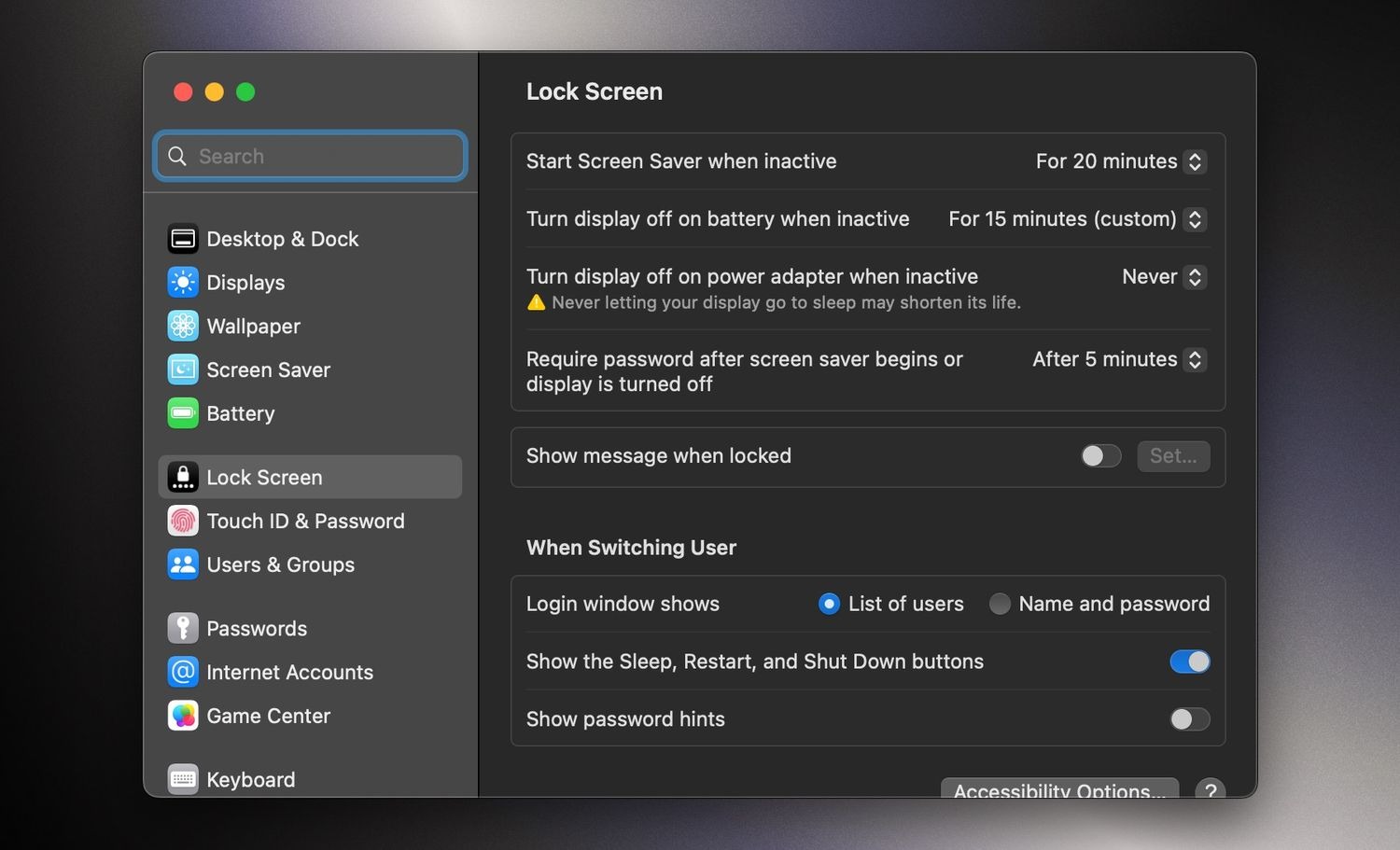 تنظیمات قفل صفحه در macOS Ventura