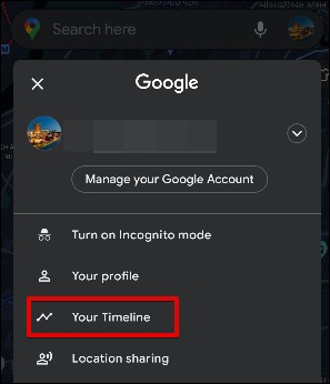 نحوه پیدا کردن آیفون گمشده با گوشی اندروید 4 صفحه نمایه Google Maps با گزینه «خط زمان شما» برجسته شده است