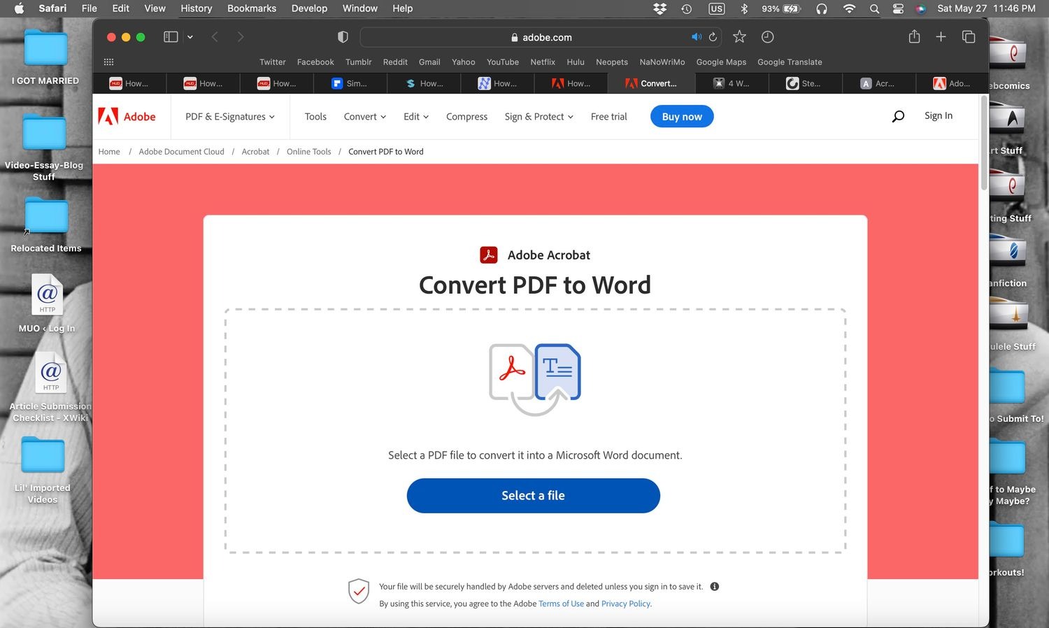 صفحه اصلی ابزار تبدیل آنلاین Adobe PDF به Word در Safari در مک باز می شود