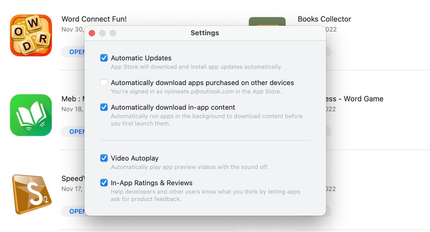 پنجره تنظیمات App Store در macOS