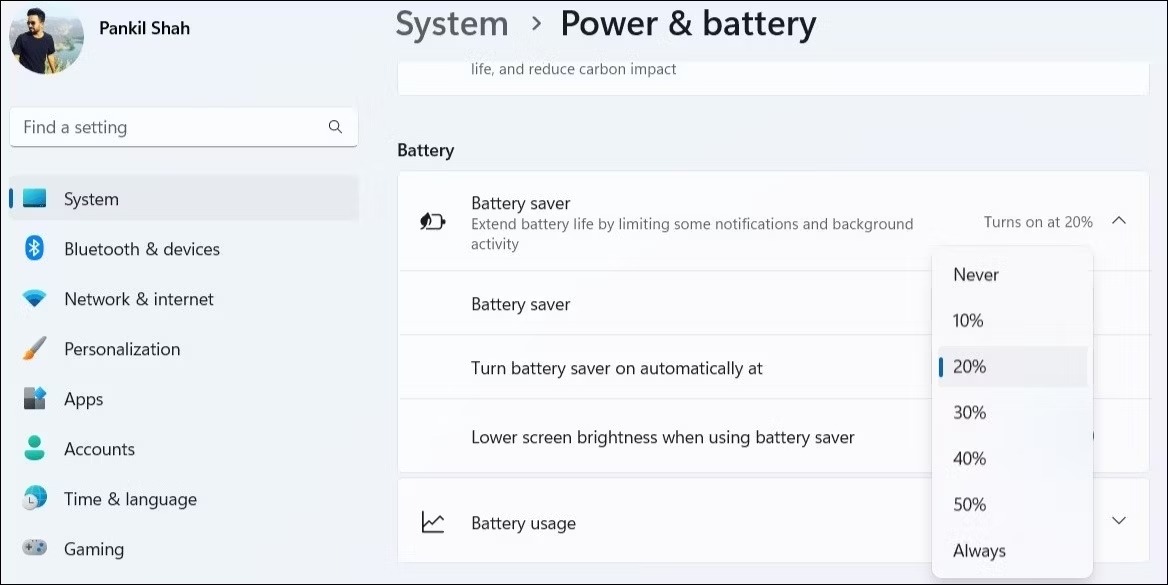 نحوه روشن یا خاموش کردن Battery Saver در لپ تاپ ویندوز 11 4 حالت ذخیره باتری را برای روشن شدن خودکار در ویندوز پیکربندی کنید