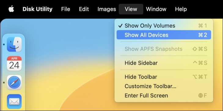 'نمایش همه دستگاه ها' در منوی macOS Disk Utility