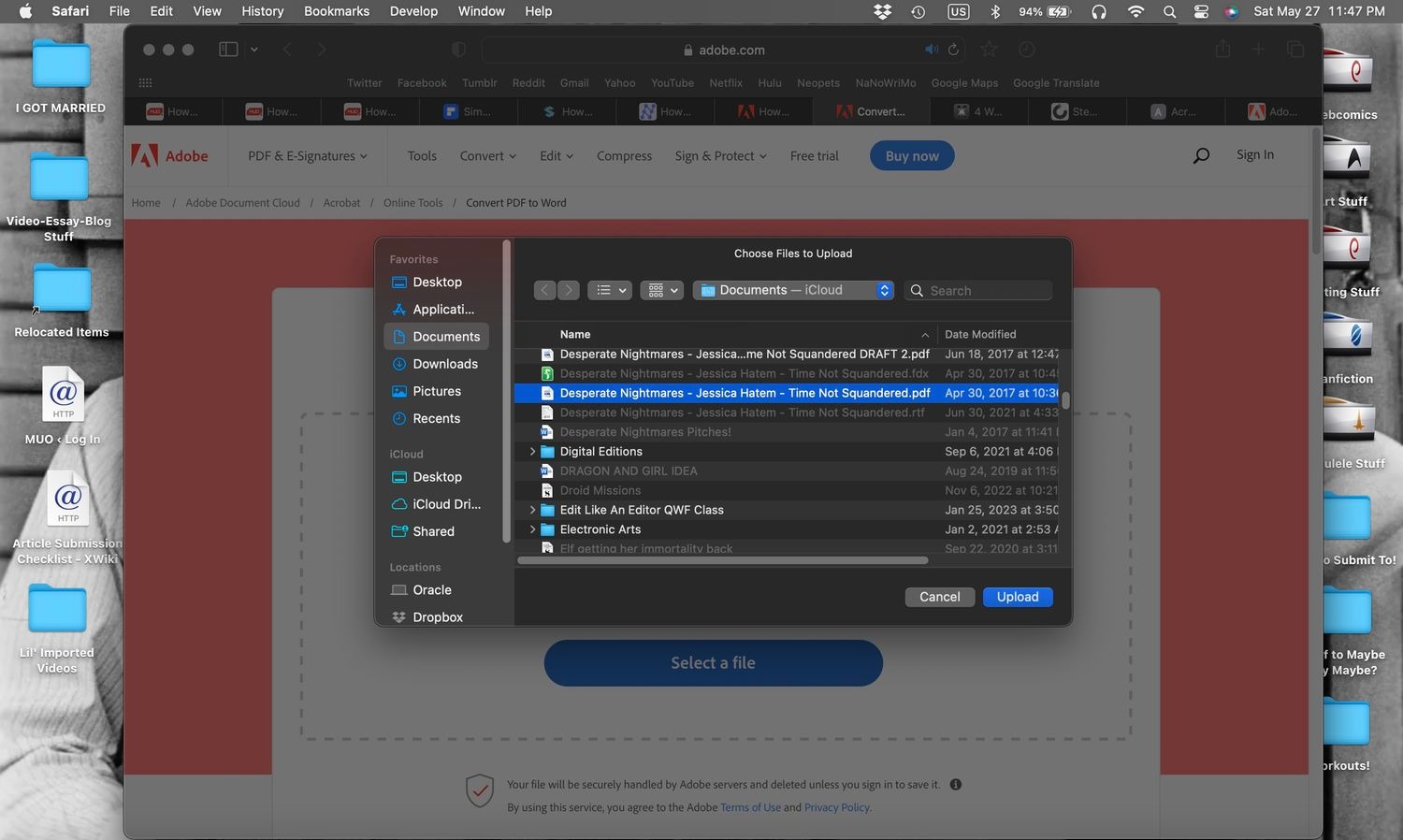 منوی آپلود فایل در ابزار تبدیل آنلاین Adobe PDF به Word باز می شود