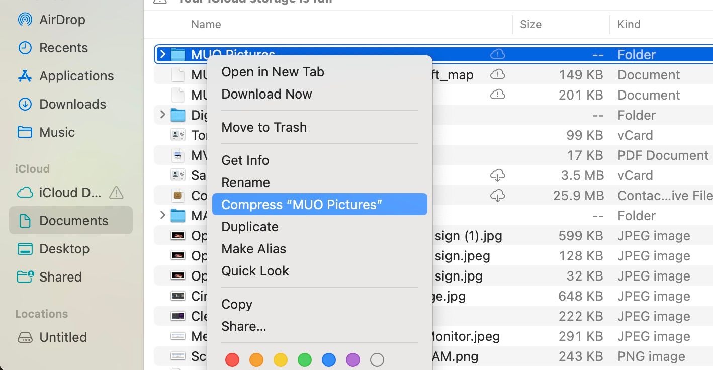 دکمه فشرده سازی برجسته در منوی زمینه macOS