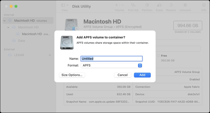 افزودن حجم APFS به دیسک راه اندازی با Disk Utility