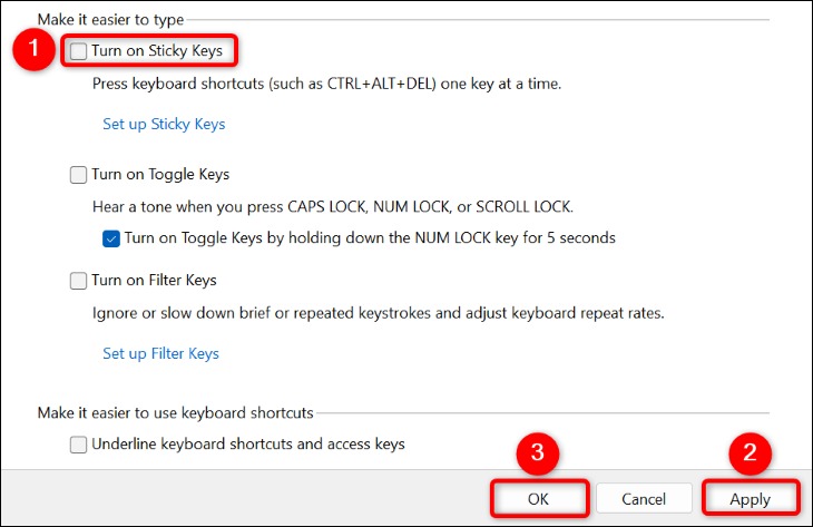 نحوه خاموش کردن Stickey Keys در ویندوز 11 7 «کلیدهای چسبنده» را غیرفعال کنید.