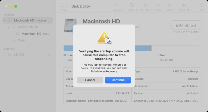 First Aid را روی پارتیشن راه اندازی با Disk Utility اجرا کنید