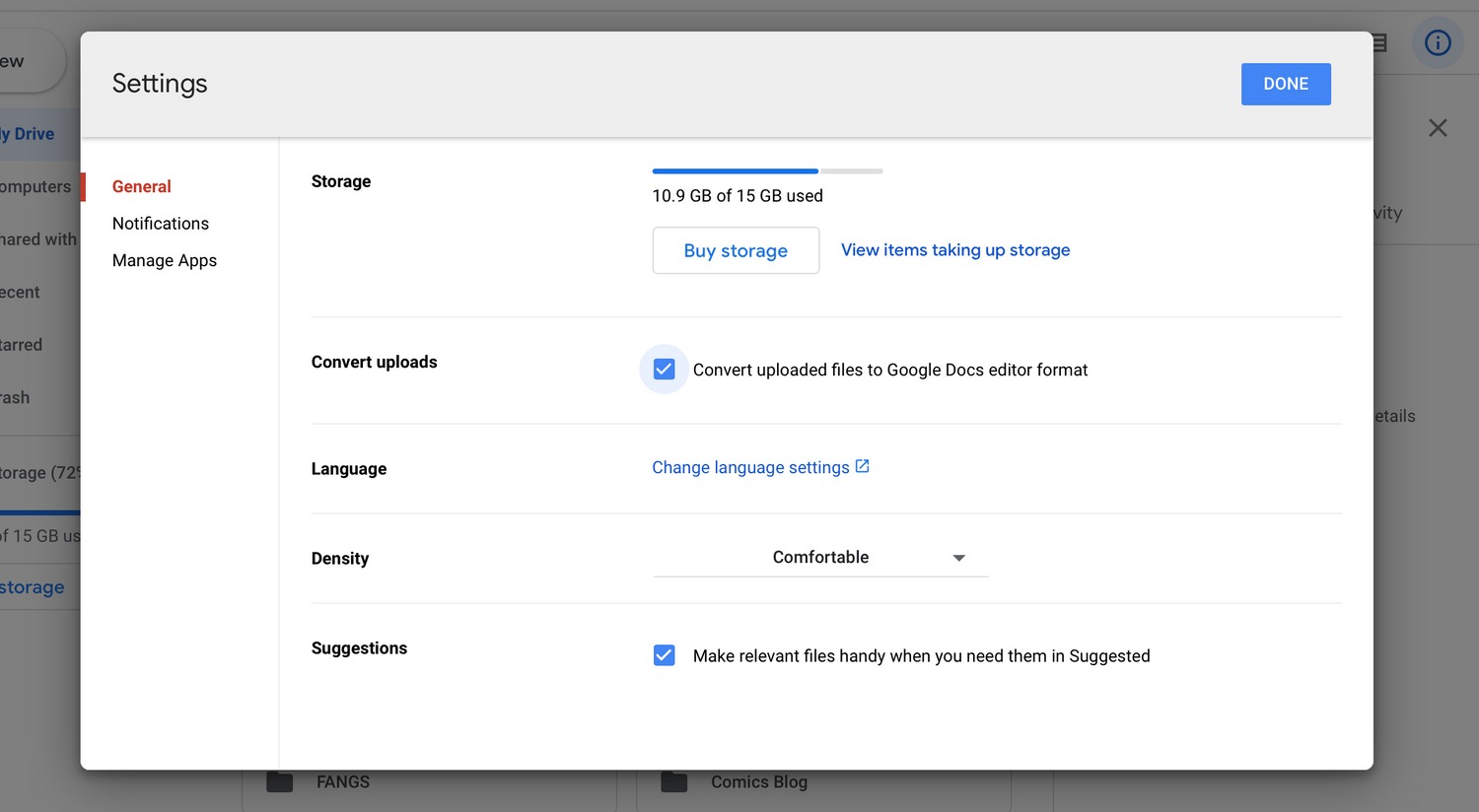منوی تنظیمات در Google Drive با کادر تبدیل فایل‌ها علامت زده شده است