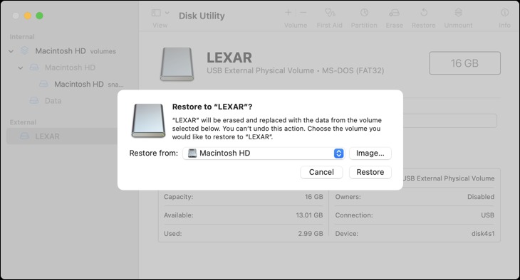 بازیابی از تصویر دیسک با Disk Utility