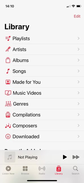 اسکرین شات منوی کتابخانه موسیقی اپل ۳