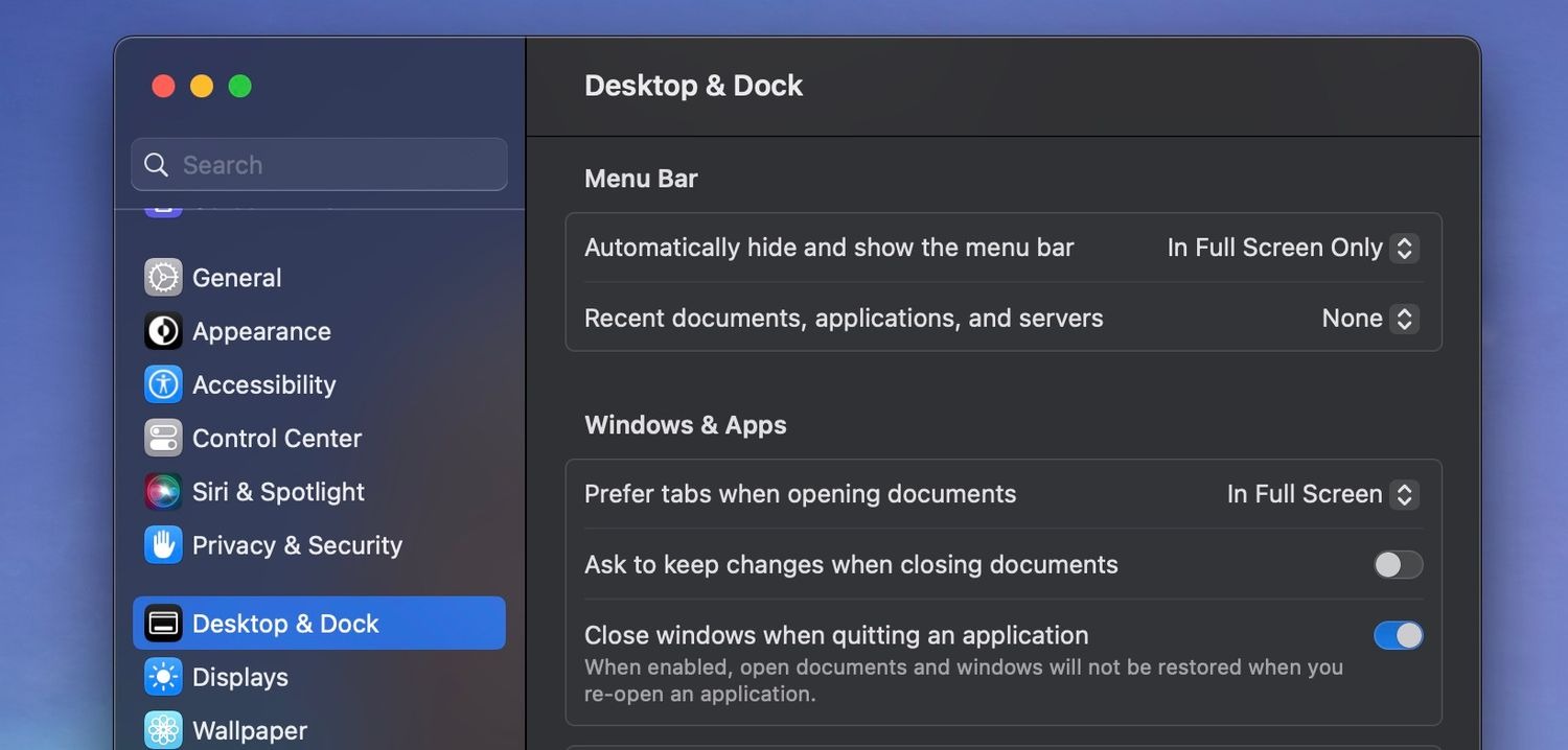 تنظیمات دسکتاپ و داک در macOS