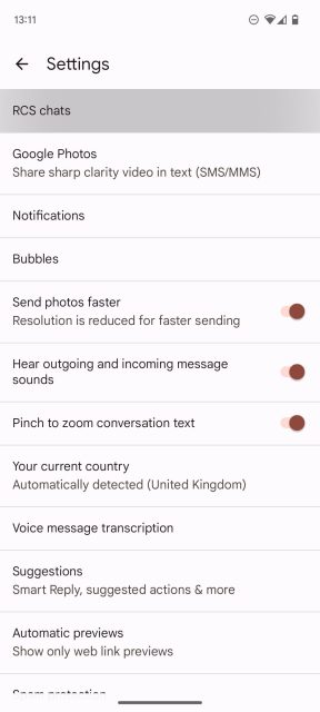 گزینه RCS Chats در تنظیمات Messages در اندروید
